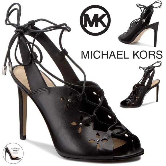 MICHAEL KORS THALIA BLACK LEATHER LACE UP SANDALS STILETTO HEELS SHOES PUMPS 9.5 - Picture 1 of 11